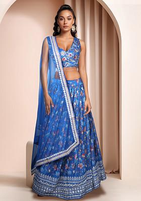 Blue Embellished Lehenga Set With Blouse And Dupatta
