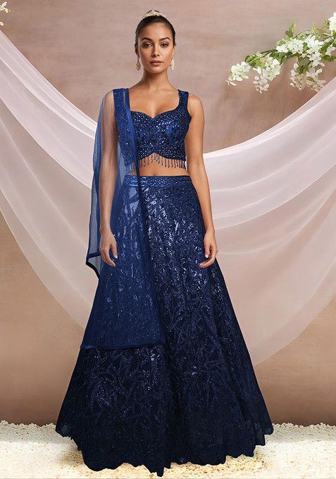 Blue Embellished Lehenga Set With Blouse And Dupatta