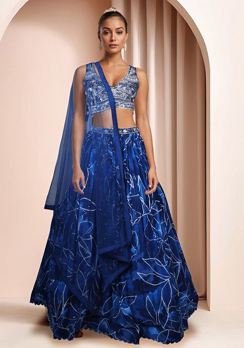 Blue Printed Lehenga Set With Embellished Blouse And Dupatta