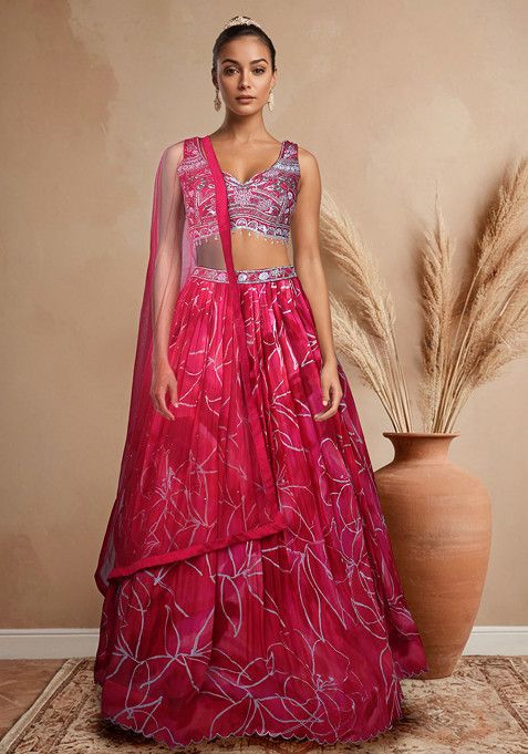 Pink Printed Lehenga Set With Embellished Blouse And Dupatta