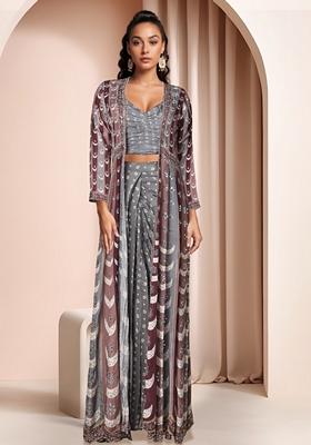 Grey Printed Jacket Set With Blouse And Sharara