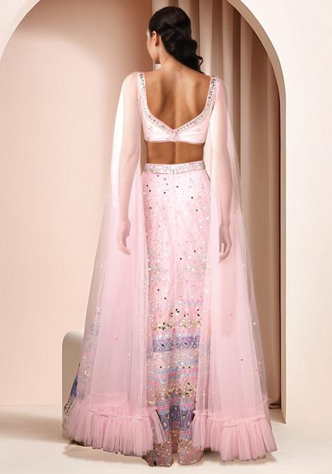 Graceful Light Pink Embellished Lehenga Set Embroidered Blouse & Dupatta - Buy