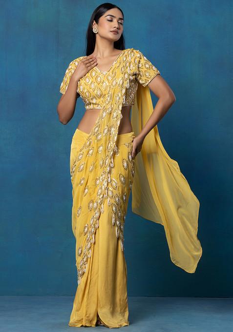 Yellow Pre-Stitched Saree Set With Sequin Bead Hand Embellished Blouse