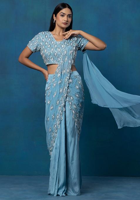 Sea Blue Pre-Stitched Saree Set With Sequin Bead Hand Embellished Blouse