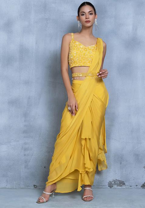 Yellow Pleated Skirt And Bead Embellished Blouse Set With Attached Dupatta And Belt