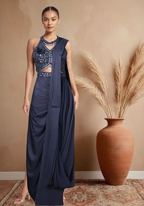 Grey Embellished Pre-Stitched Saree Set With Blouse