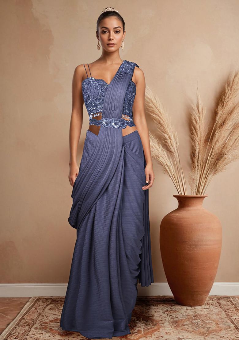 Grey Saree Set With Embroidered Blouse - Indya