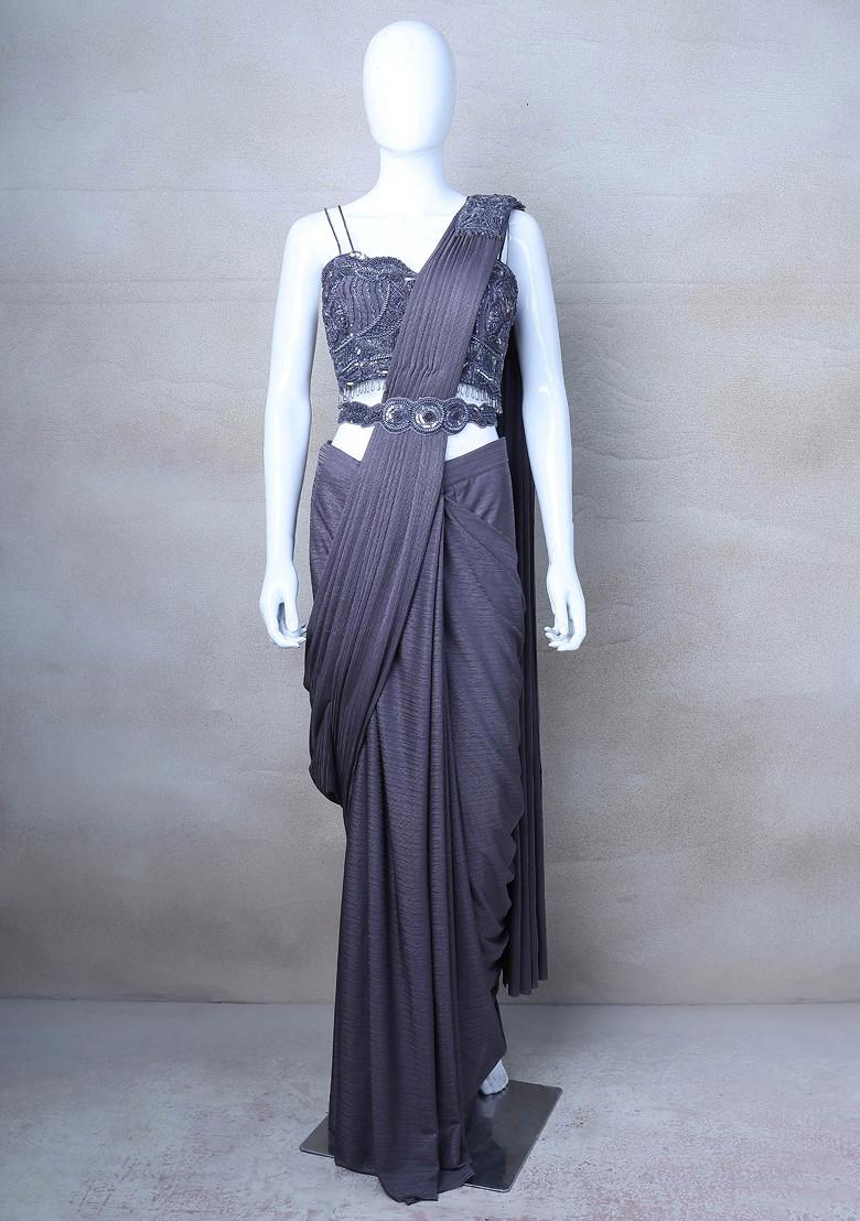Grey Saree Set With Embroidered Blouse - Indya