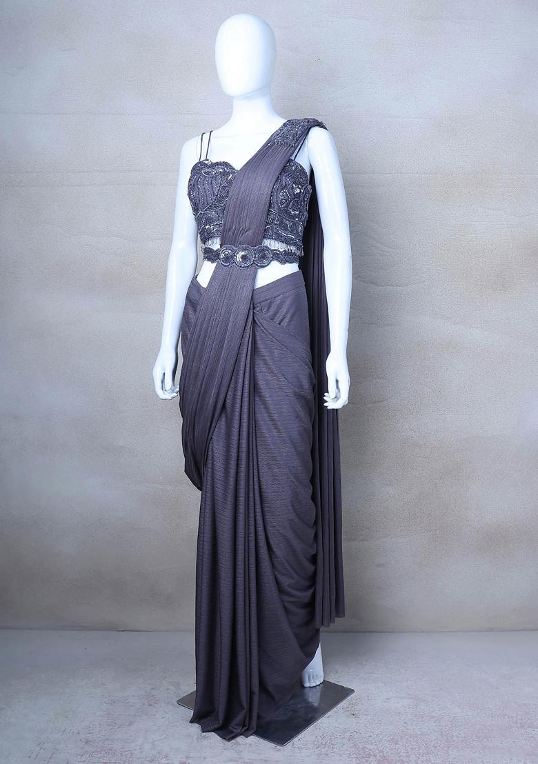 Grey Saree Set With Embroidered Blouse - Indya