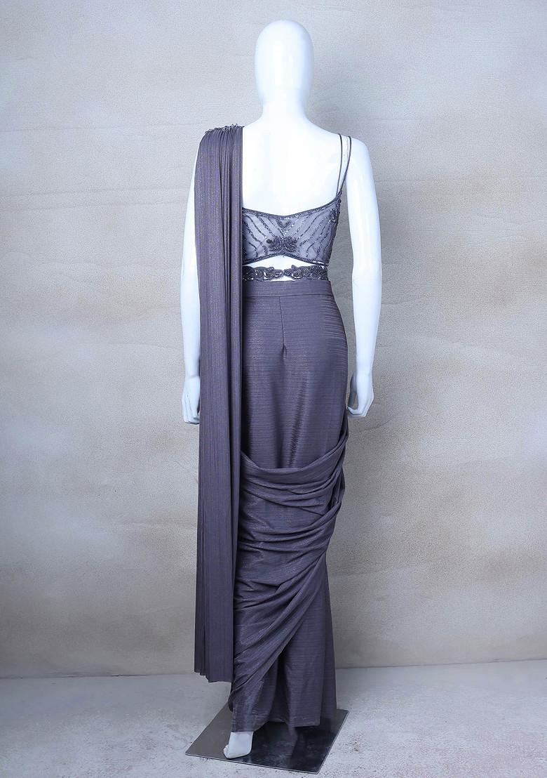 Grey Saree Set With Embroidered Blouse - Indya
