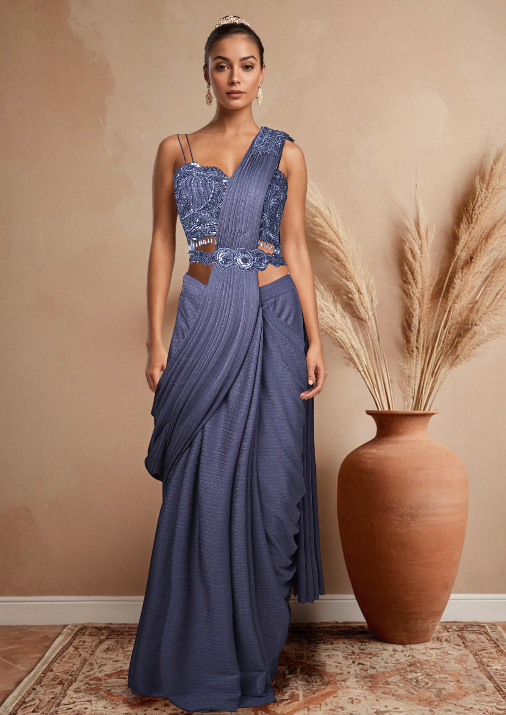 Grey Saree Set With Embroidered Blouse - Indya