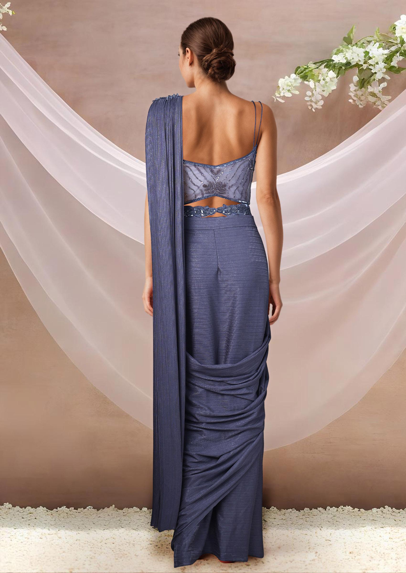 Grey Saree Set With Embroidered Blouse - Indya