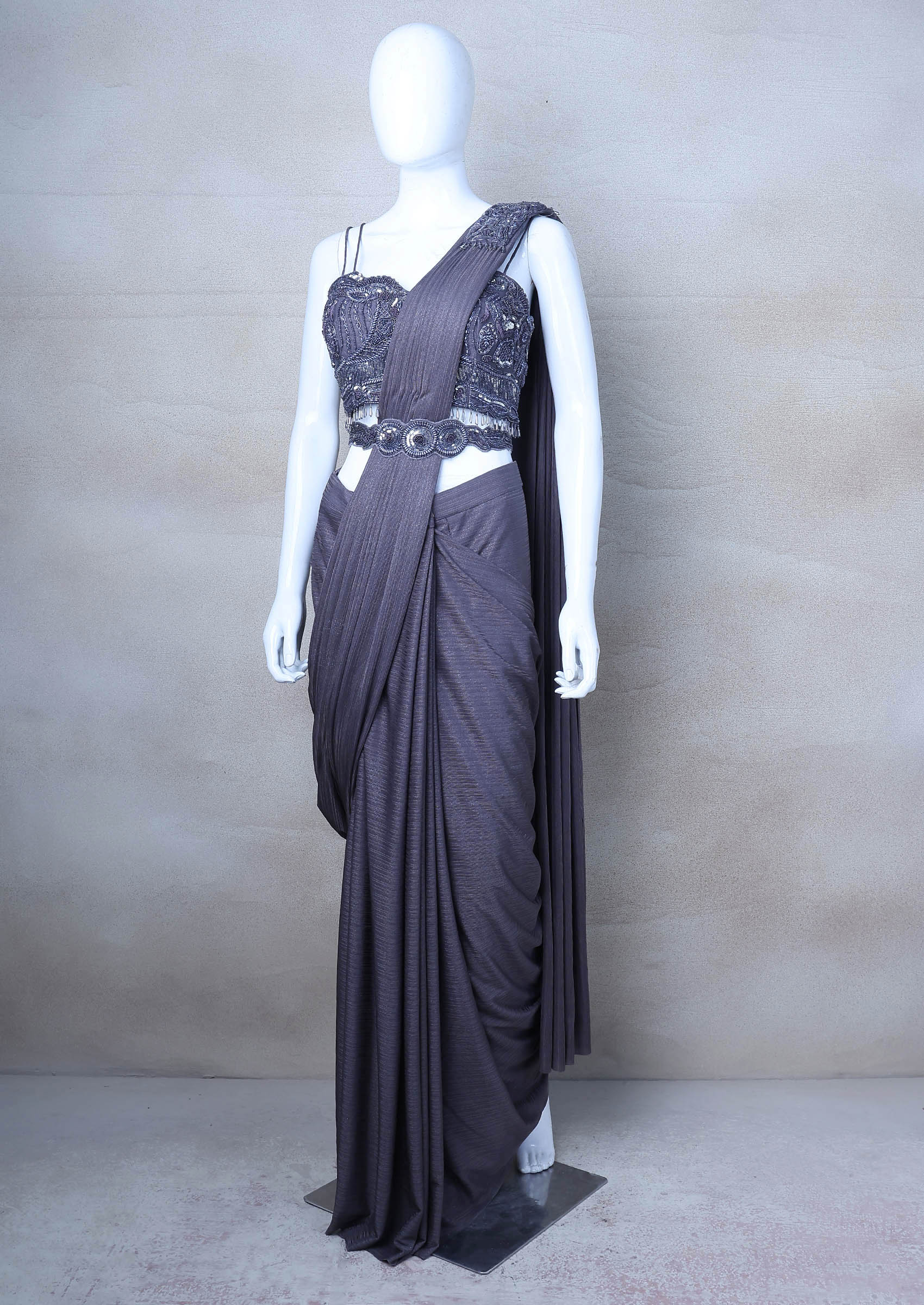 Grey Saree Set With Embroidered Blouse - Indya