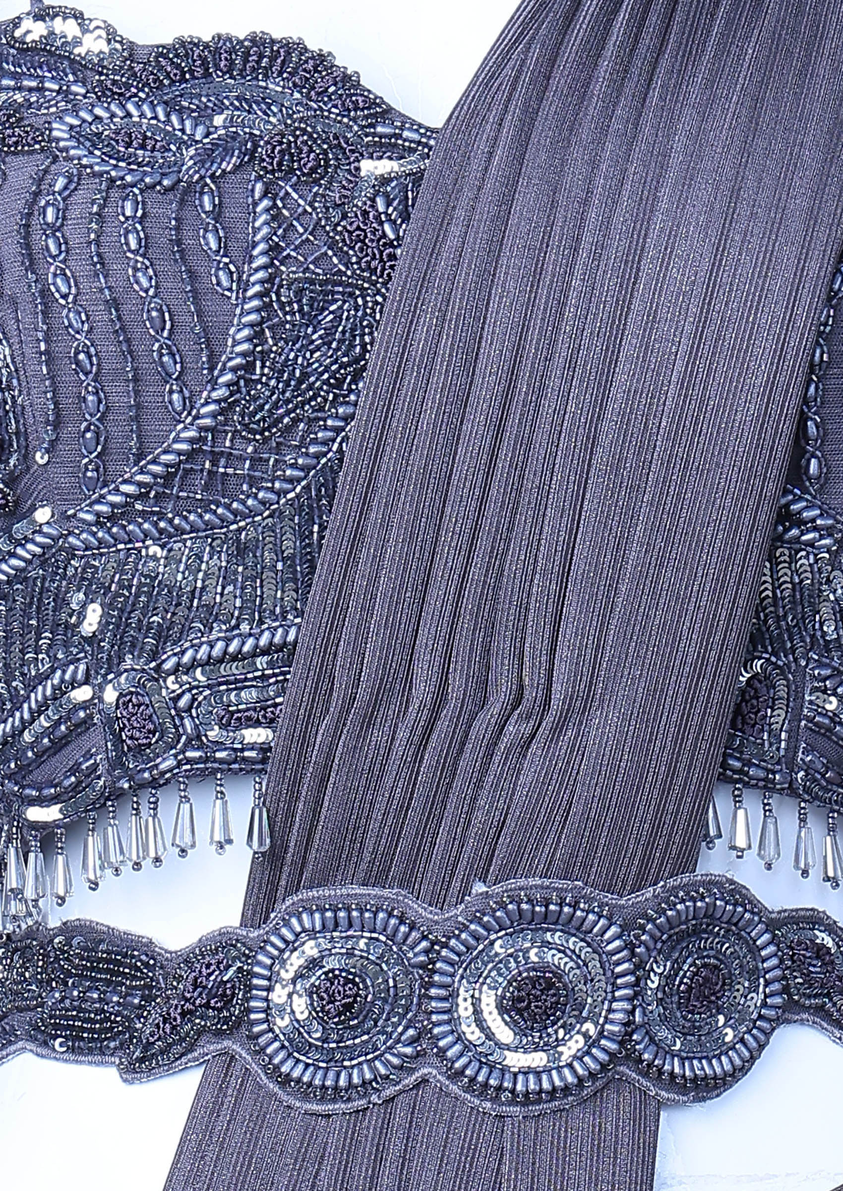 Grey Saree Set With Embroidered Blouse - Indya