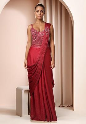 Red Pre-Stitched Saree Set With Cutdana Embellished Blouse And Belt