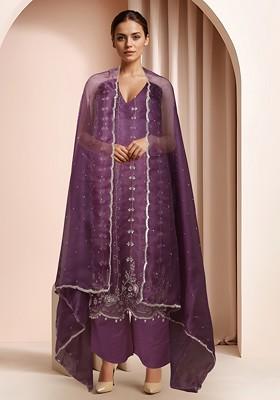 Purple Embellished Kurta Set With Pants And Dupatta