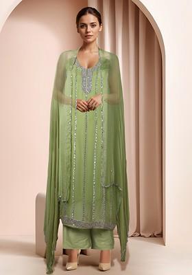 Green Embellished Kurta And Dupatta With Pant