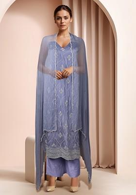 Purple Embellished Kurta Set With Pants And Dupatta