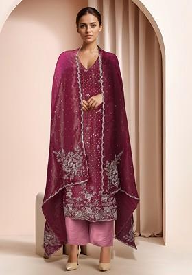 Maroon Embellished Kurta And Dupatta With Pant
