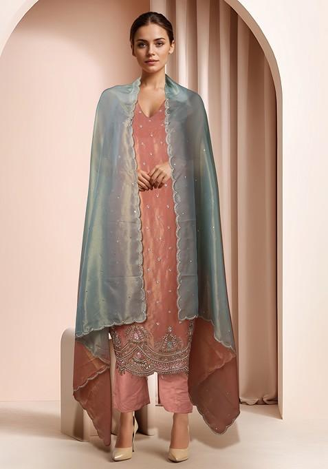 Peach Embellished Kurta And Dupatta With Pant
