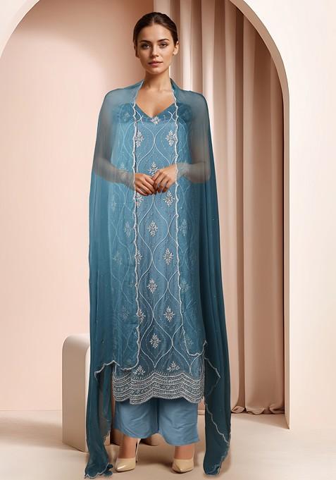 Blue Embellished Kurta Set With Pants And Dupatta