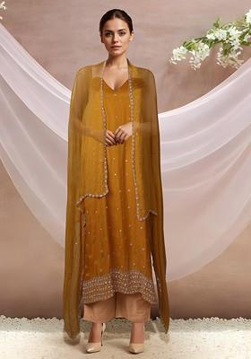 Yellow Embellished Kurta Set With Pants And Dupatta