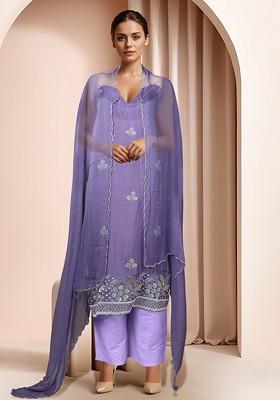 Purple Embellished Kurta Set With Pants And Dupatta