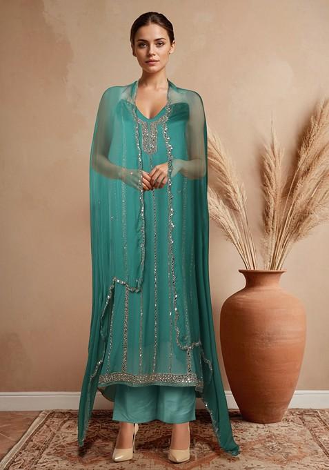 Green Embellished Kurta Set With Pants And Dupatta