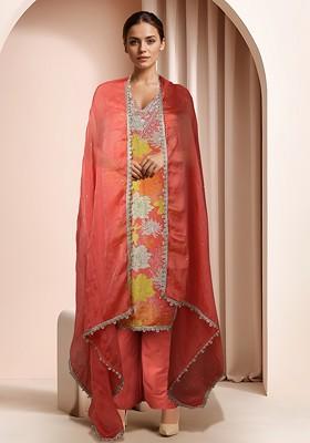 Peach Printed Kurta Set With Pants And Dupatta