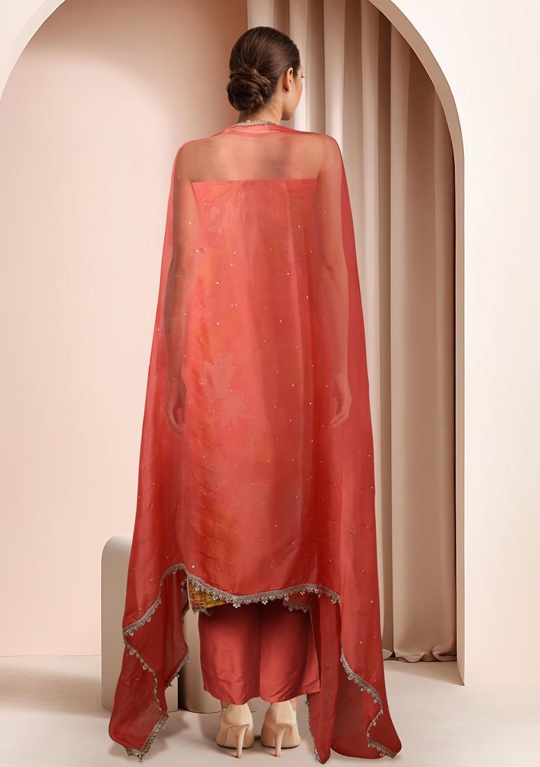 Peach Printed Kurta Set With Pants And Dupatta