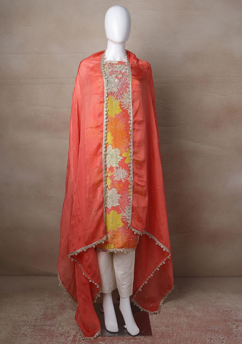 Peach Printed Kurta Set With Pants And Dupatta