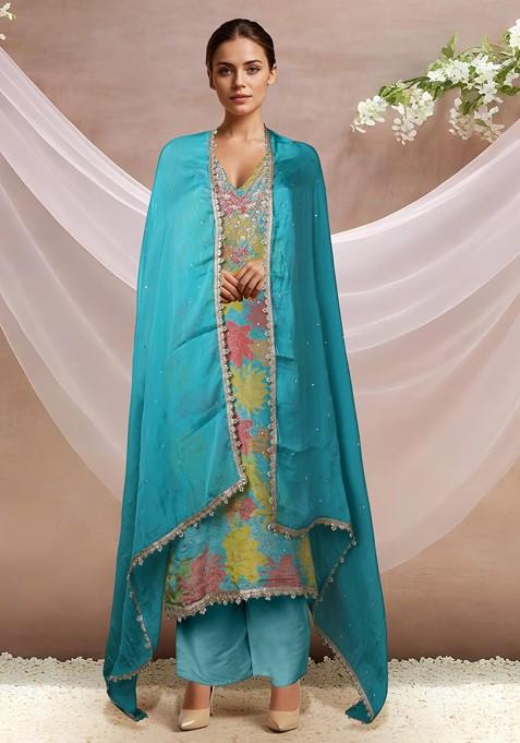 Blue Printed Kurta Set With Pants And Dupatta