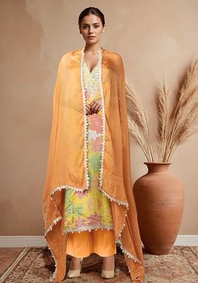 Yellow Printed Kurta Set With Pants And Dupatta
