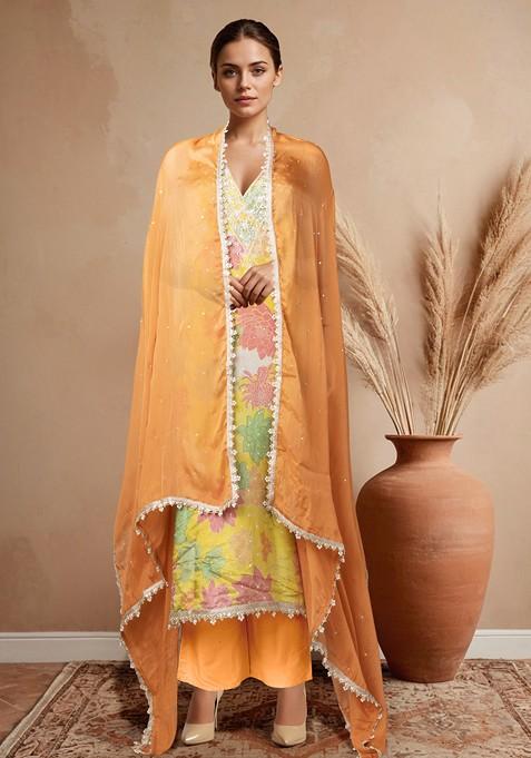 Yellow Printed Kurta Set With Pants And Dupatta