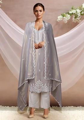 Grey Embellished Kurta Set With Pants And Dupatta