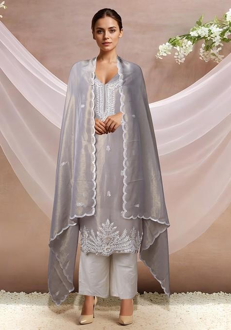 Grey Embellished Kurta Set With Pants And Dupatta