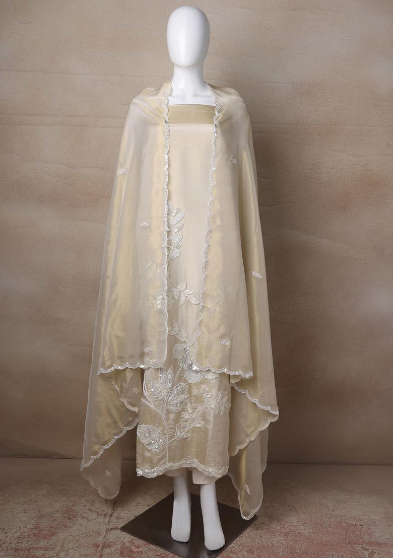 Beige Embellished Kurta Set With Pants And Dupatta