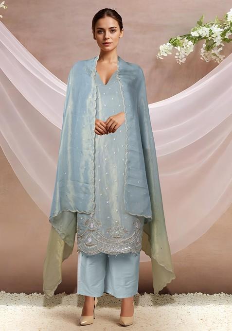 Green Embellished Kurta Set With Pants And Dupatta