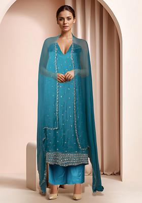 Blue Embellished Kurta Set With Pants And Dupatta