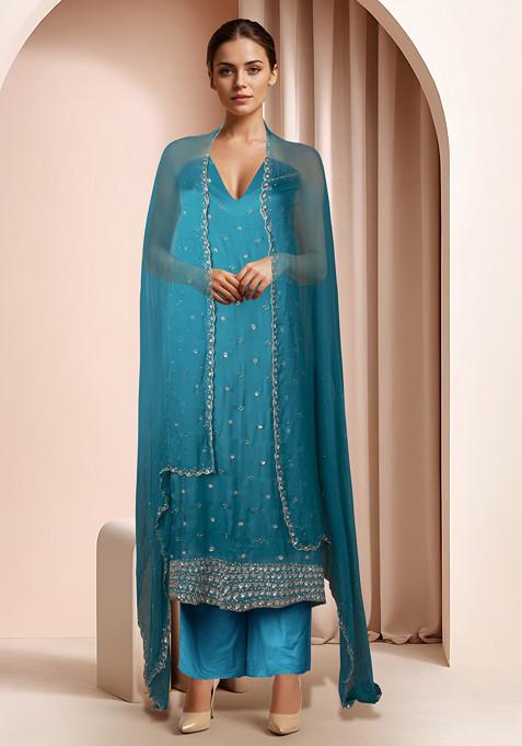 Blue Embellished Kurta Set With Pants And Dupatta