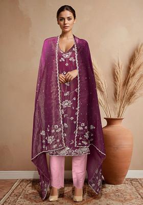 Pink Embellished Kurta Set With Pants And Dupatta