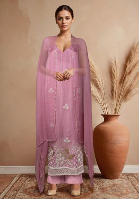 Pink Embellished Kurta Set With Pants And Dupatta