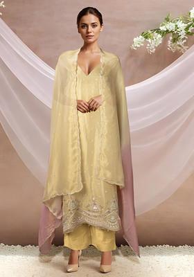 Yellow Embellished Kurta Set With Pants And Dupatta