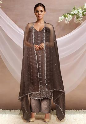 Brown Embellished Kurta Set With Pants And Dupatta