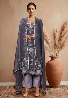 Olive Green Embellished Kurta Set With Pants And Dupatta