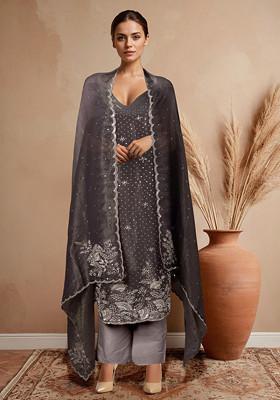 Olive Green Embellished Kurta Set With Pants And Dupatta