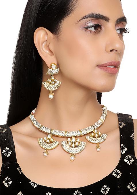 Buy Women Gold Kundan Tukdi Earring Necklace Set - Jewellery Sets - Indya