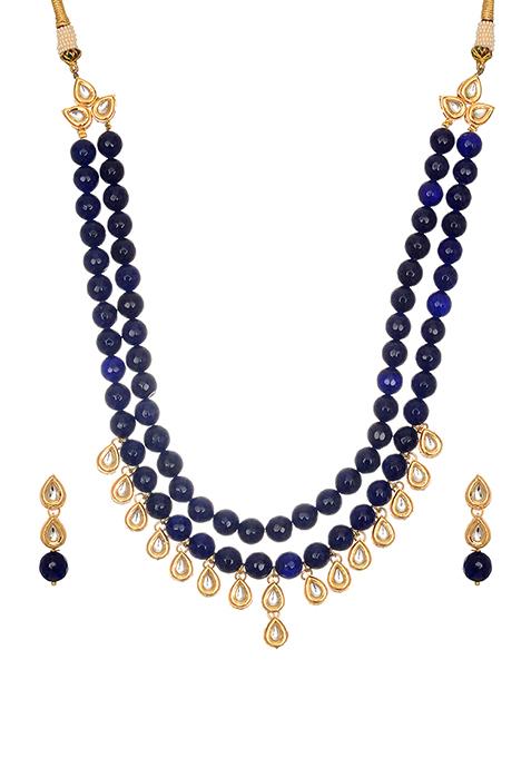 Blue Bead Kundan Earring Necklace Set 