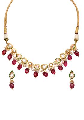 Gold Kundan Red Drop Meena Earring Necklace Set 