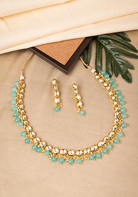 Green Kundan Multi Drop Earring Necklace Set 